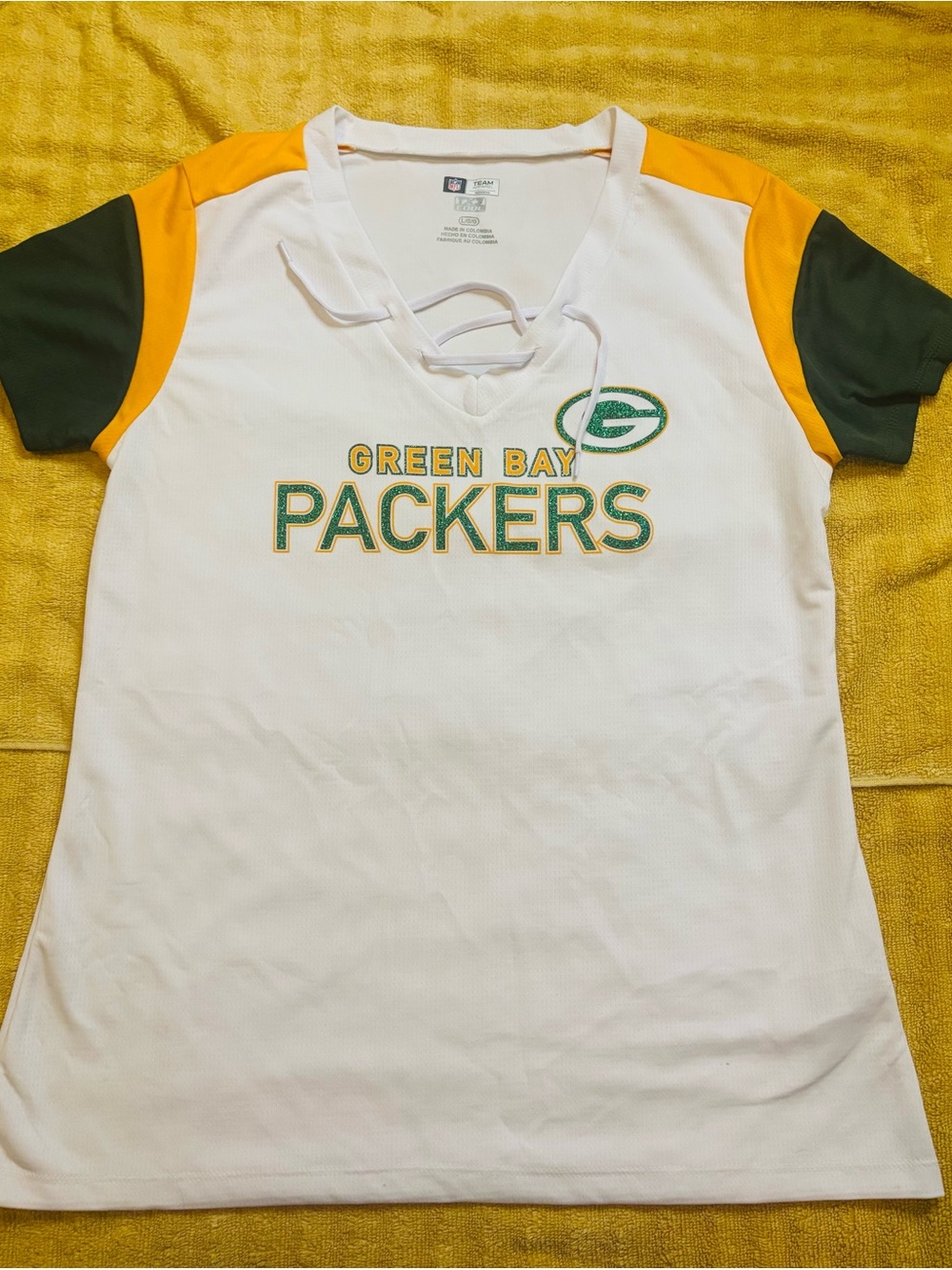 NFL Green Bay Packers White Lace-Up V-Neck Tee with Gold and Green Accents